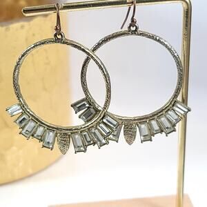Vintage Silver Tone Hoop Earrings with Baguette Stones, Statement Jewelry